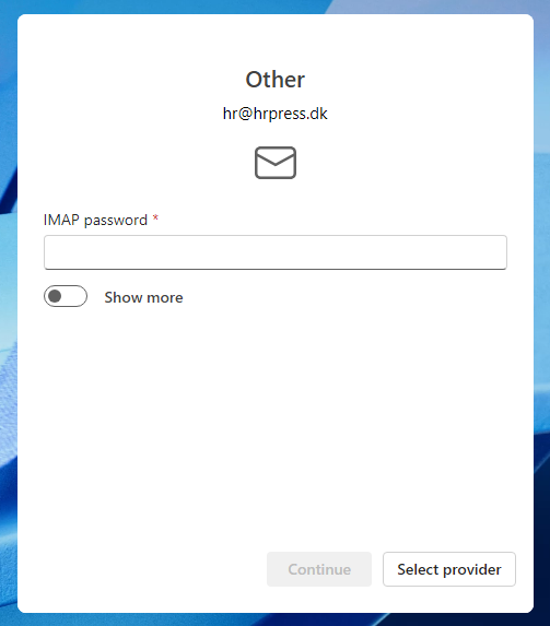 Oppgi passordet passordet for e-postkontoen din og klikk på bryteren ved Vis flere (eller Select provider).