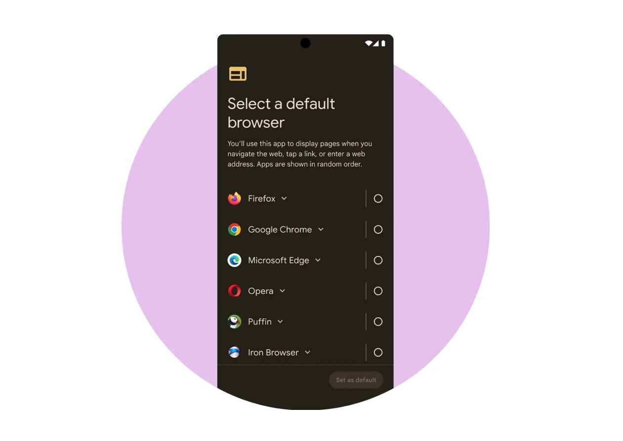 Når du konfigurerer en ny Android-telefon for første gang eller tilbakestiller en eksisterende telefon, må du nå velge hvilken nettleser du vil ha som standard. Den endelige meldingen kan avvike fra denne illustrasjonen.