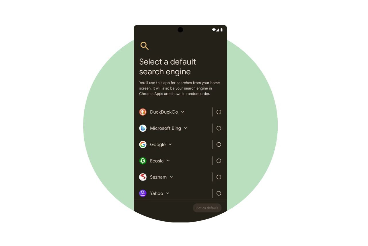 Du skal også vælge, hvilken søgemaskine du ønsker at bruge på din telefon.Beskeden vil dukke op senest den 6. marts. Den endelige besked kan se anderledes ud end på denne illustration.