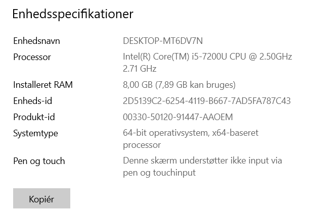 Denne computer har 8 GB RAM