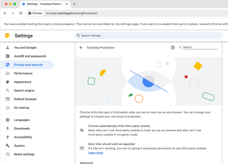 Sådan ser indstillingsvinduet ud, hvis du er blandt Googles udvalgte til at få blokeret alle tracking-cookies i browseren.