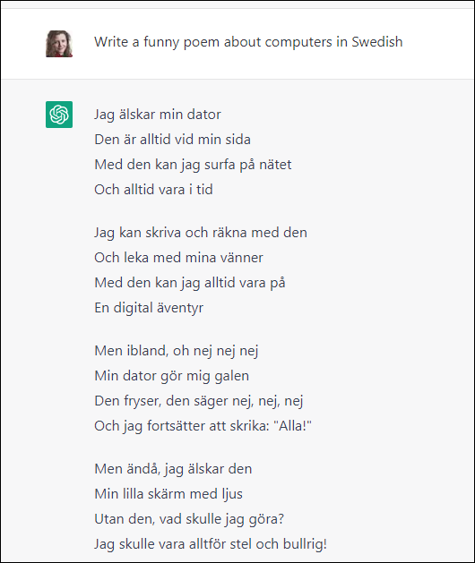ChatGPT skriver en dikt på svenska