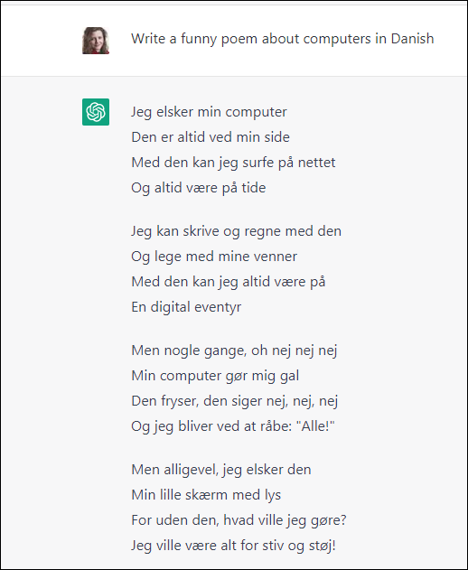 ChatGPT skriver et digt på dansk