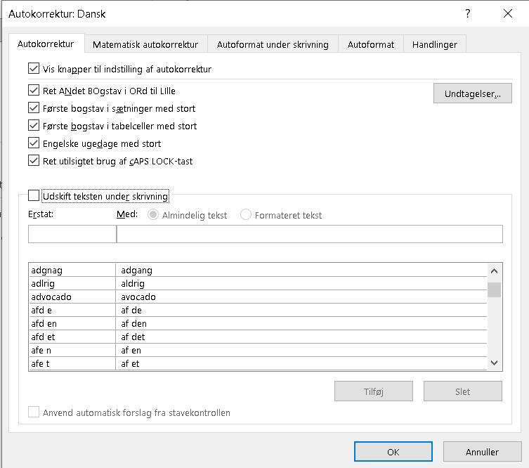 Her ses indstillingerne for autokorrektur i Word.