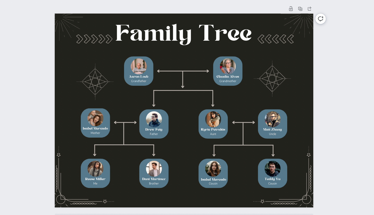 Använd gratismallar för att skapa ett släktträd i Canva.