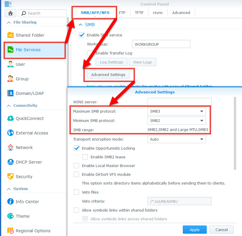 Hvis du ejer en opdateret NAS fra producenten Synology, kan du i Kontrolpanel i styresystemet DiskStation Manager vælge, at NAS'en skal bruge protokollen SMB 2.0, som snakker fint sammen med Windows 11.