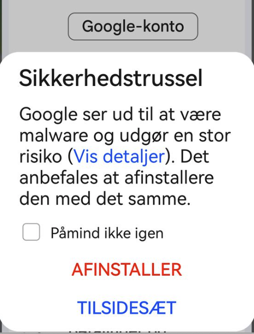 Så här ser virusvarningen i Google-appen ut på mobilen.