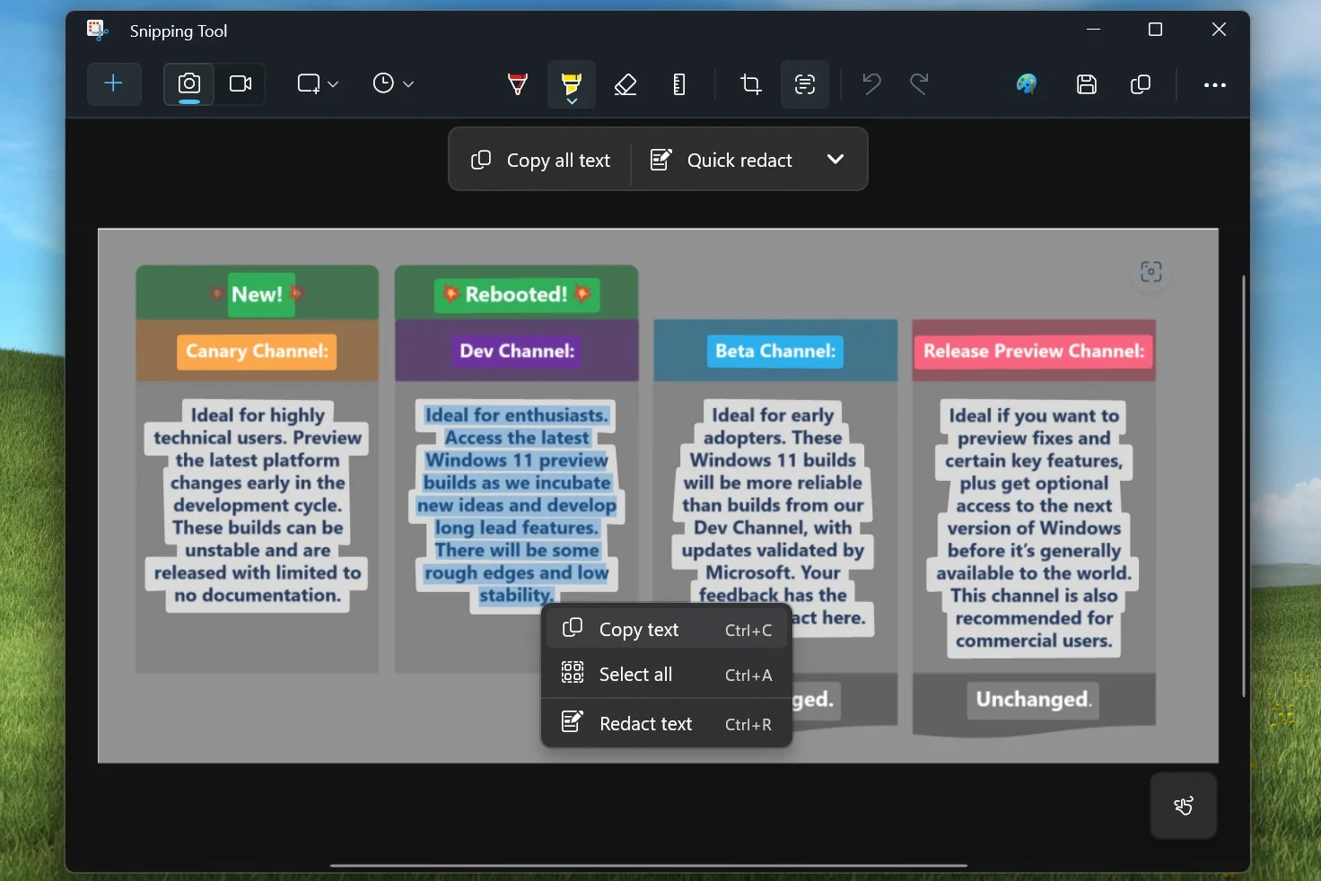 Kuvakaappaustyökalun tulevassa versiossa valikkopalkkiin on lisätty uusi tekstitoimintopainike. Sen avulla voit helposti merkitä näytössä olevien kuvien tekstiä, jotta voit kopioida tekstin ja liittää sen toiseen paikkaan.