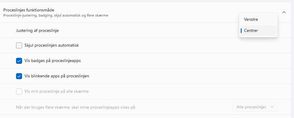 Välj bara Vänster istället för Centrera i Aktivitetsfältets inställningar