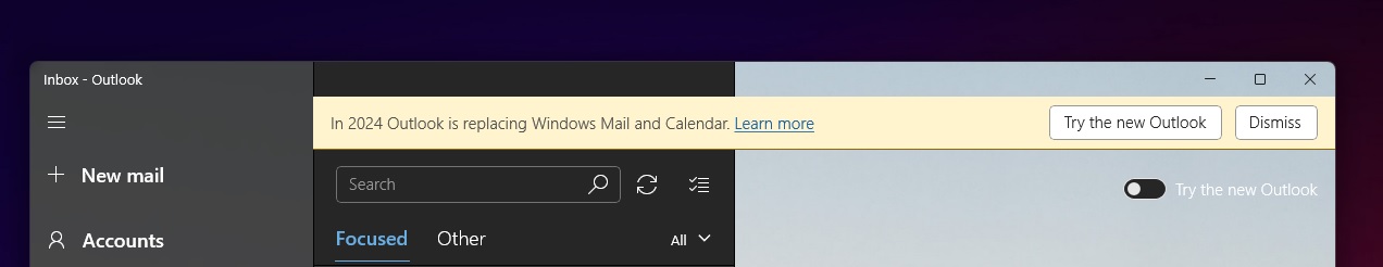 När du öppnas E-post-programmet i Windows möts du av ett meddelande om att programmet pensioneras under 2024.