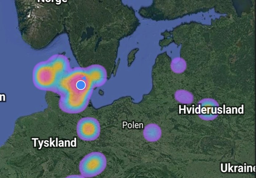 et kart fra Google Foto over Østersjøen med fargemarkeringer