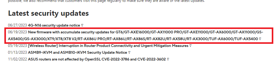 en del av ASUS hemsida som visar säkerhetsuppdateringar