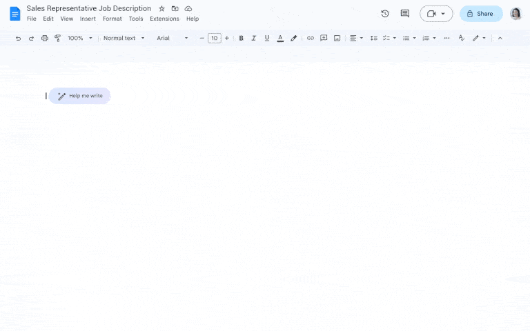 en animasjon som viser den nye Help me write-funksjonen i Google Dokumenter