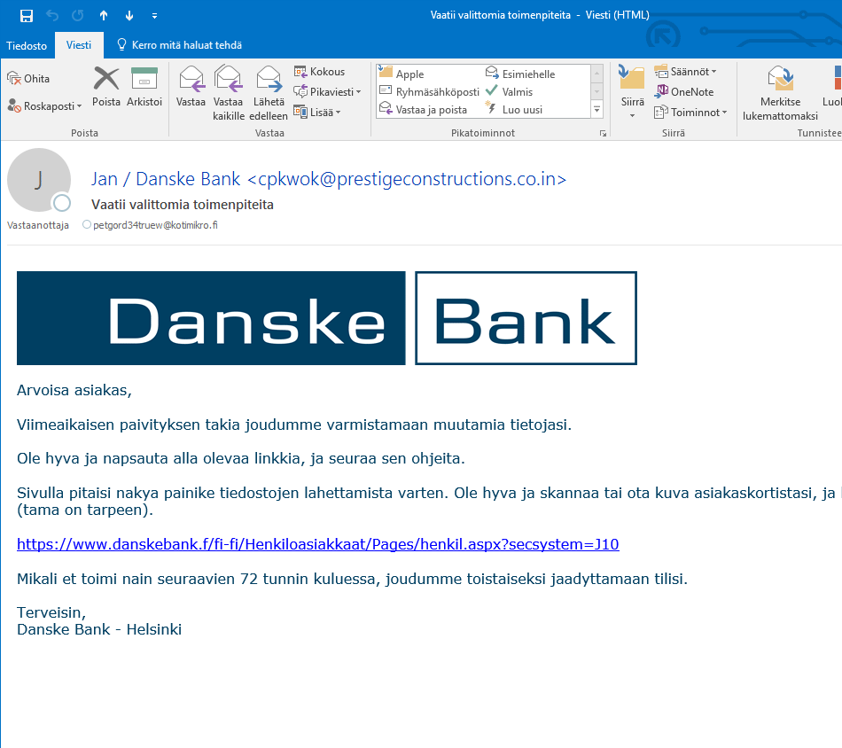 Viemällä hiiren viestissä olevan linkin päälle näkee osoitteen, johon linkki viittaa.