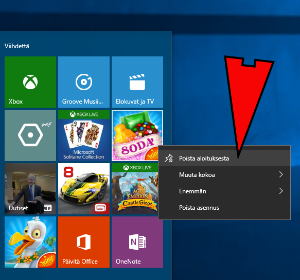 Windows 10 ja Poista aloituksesta -komento