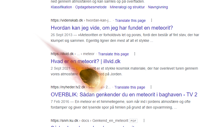 En meteorit suser hen over Googles søgeresultater. Easter egg