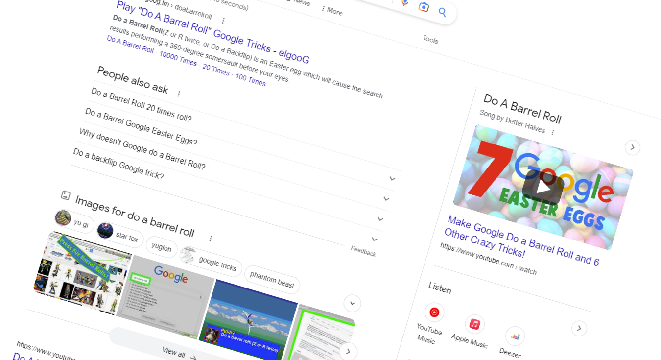 Hele siden med Googles søgeresultater drejer rundt. Barrell Roll Easter egg.