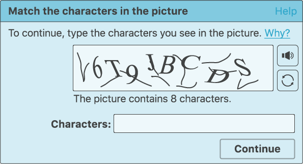 Captcha där du ska skriva in förvrängda bokstäver