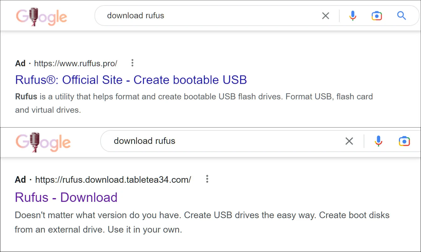 Annonsen för Rufus ligger ovanför sökresultaten och påstår sig vara Rufus officiella sida. Länken leder dock till en nyskapad falsk sida.