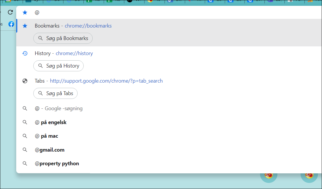 @tabs, @history ja @bookmarks mahdollistavat haun tarkentamisen Googlessa.