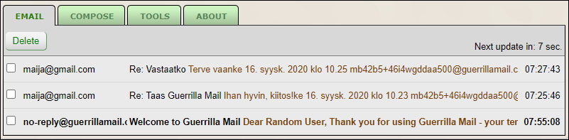 Guerrilla Mailiin voi myös vastaanottaa viestejä. Viestit säilytetään tunnin ajan.