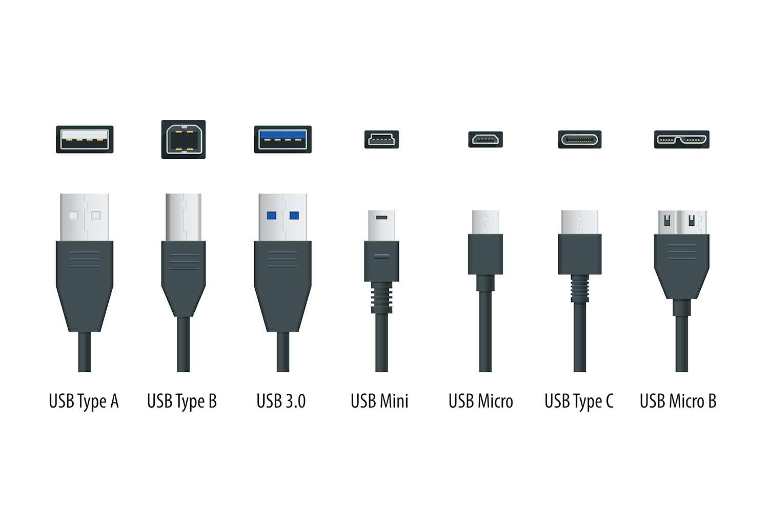 Her ser du et lite utvalg av de forskjellige USB-typene som finnes. I tillegg kommer det en lang rekke versjoner fra USB 1.0 til USB 4.