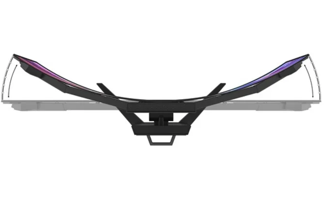 Corsair Xeneon Flex 45WQHD240 -PC-näyttö sekä kaarevana että litteänä ylhäältä katsottuna.