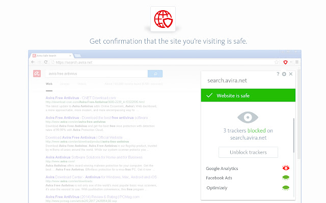 Här visar Chrome-tillägget Avira Browser Safety att webbplatsen är säker att besöka. Det är din försäkran om att du inte är på väg in på okända och farliga platser.
