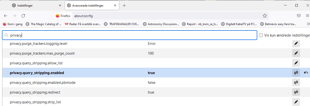 Skriv inn about:config i adressefeltet og tast Enter. Rull nå ned til innstillingen «privacy.query_stripping.enabled.pbmode» og kontroller at den er satt til True. Du er nå beskyttet mot sporing.