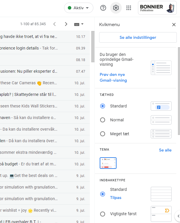 Du finner den oppdaterte Gmail-designen ved å klikke på tannhjulet øverst til høyre og deretter velge «Prøv den nye Gmail-visningen».