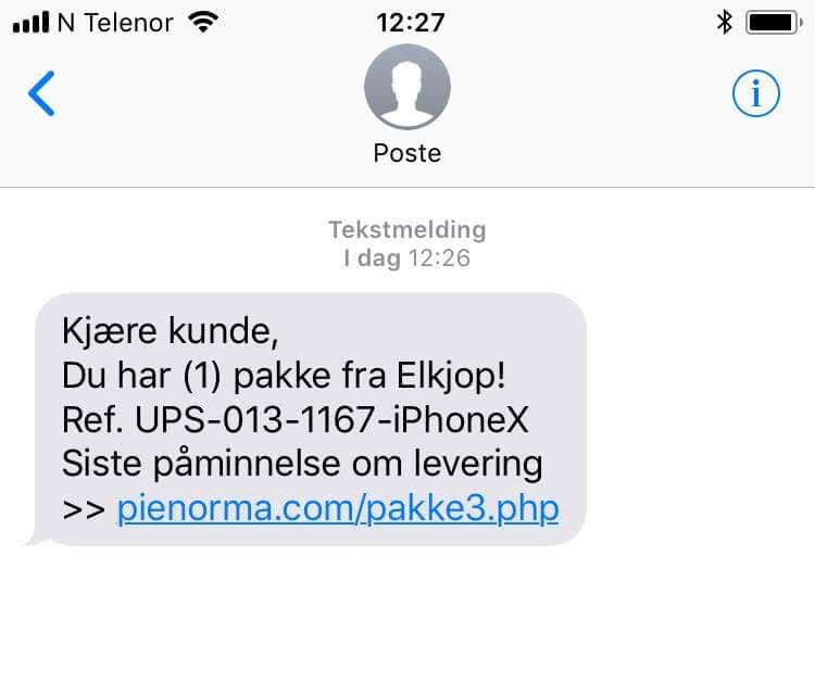 Smishing eller sms-svindel forkledd som en falsk pakke.