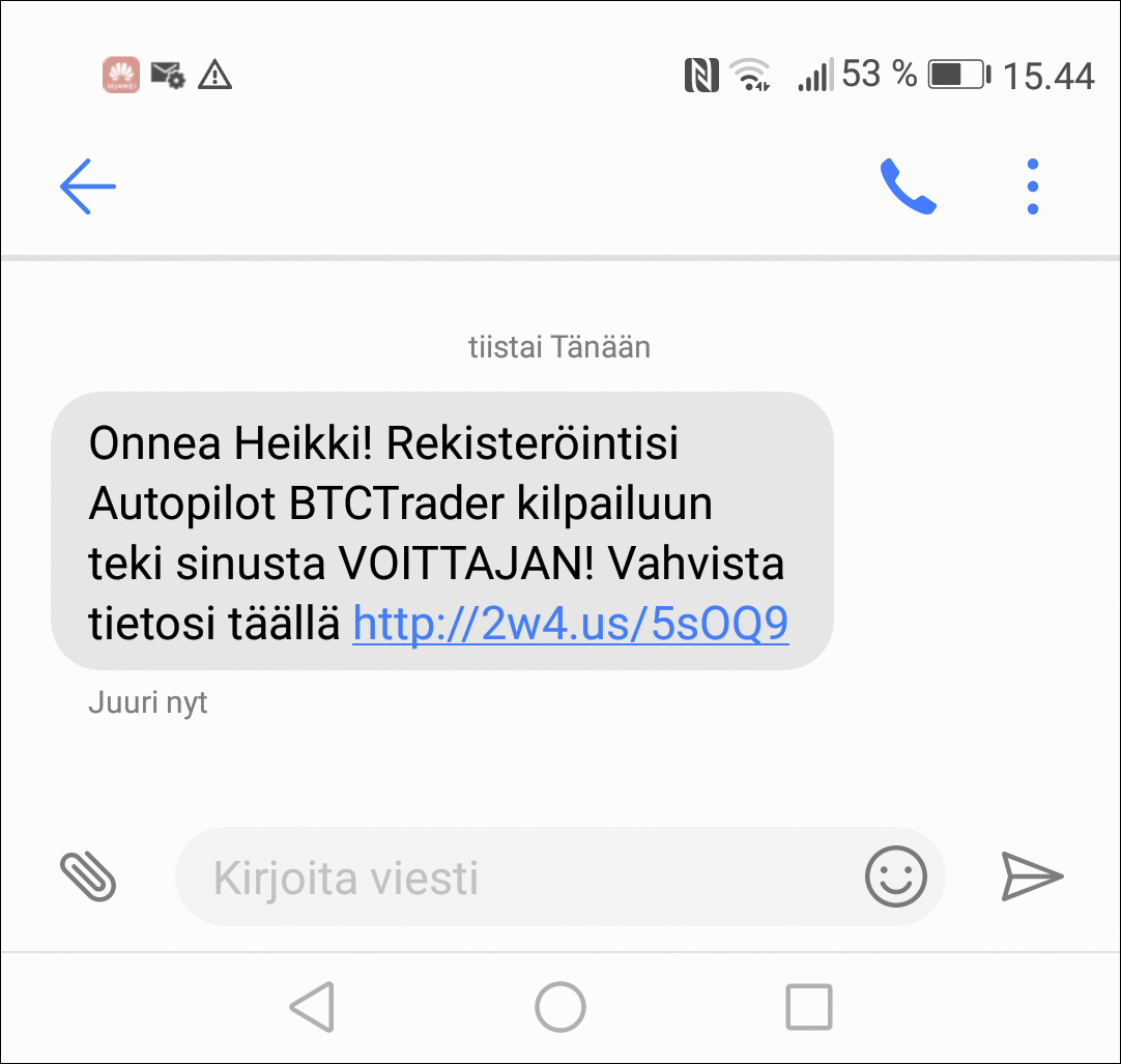 Smishing eli tekstiviestihuijaus, jossa syöttinä on palkinto.