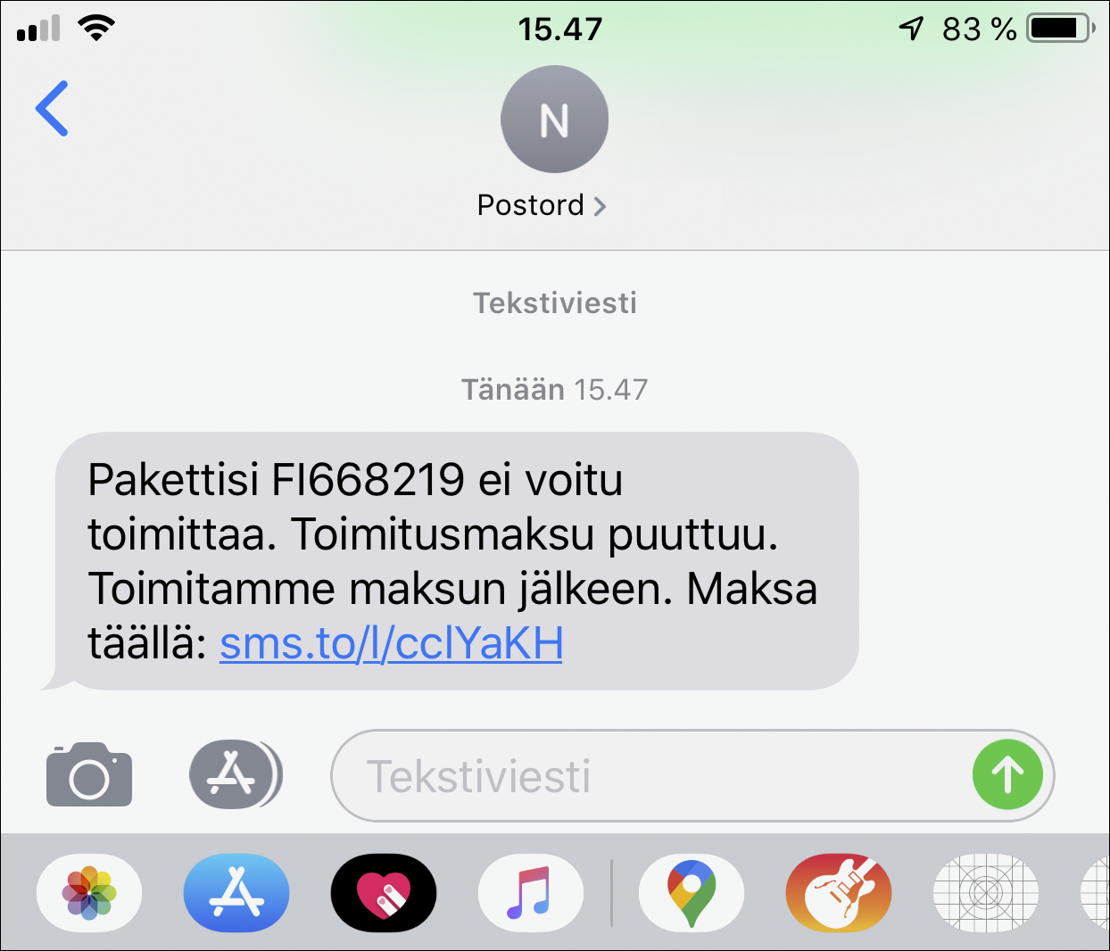 Smishing eli tekstiviestihuijaus, jossa syöttinä on tulossa oleva paketti.