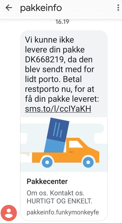 Smishing eller sms-svindel forklædt som falsk pakke.