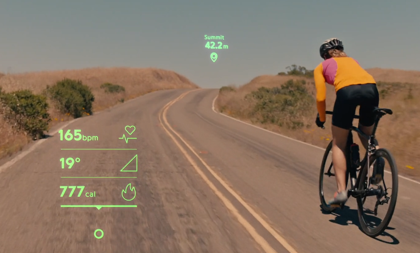 Her er et eksempel på hva du kan se i kontaktlinsen. Hvis du for eksempel starter et treningsprogram, kan du se all treningsrelevant informasjon i synsfeltet.