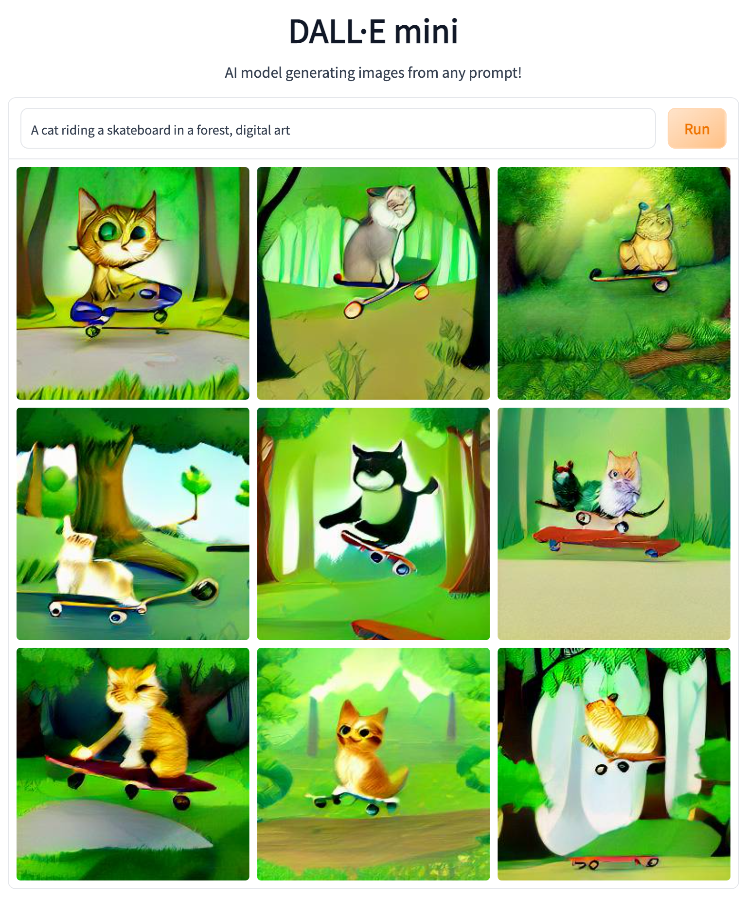 Sådan forestiller den kunstige intelligens DALL·E mini sig, at en kat på skateboard i en skov ser ud. 