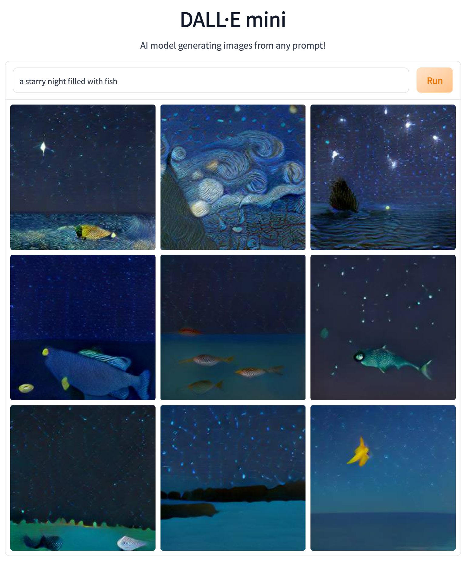 I dette scenarie har vi bedt DALL·E mini komme med bud på, hvordan en 'stjernerig aften fyldt med fisk' kunne tage sig ud.