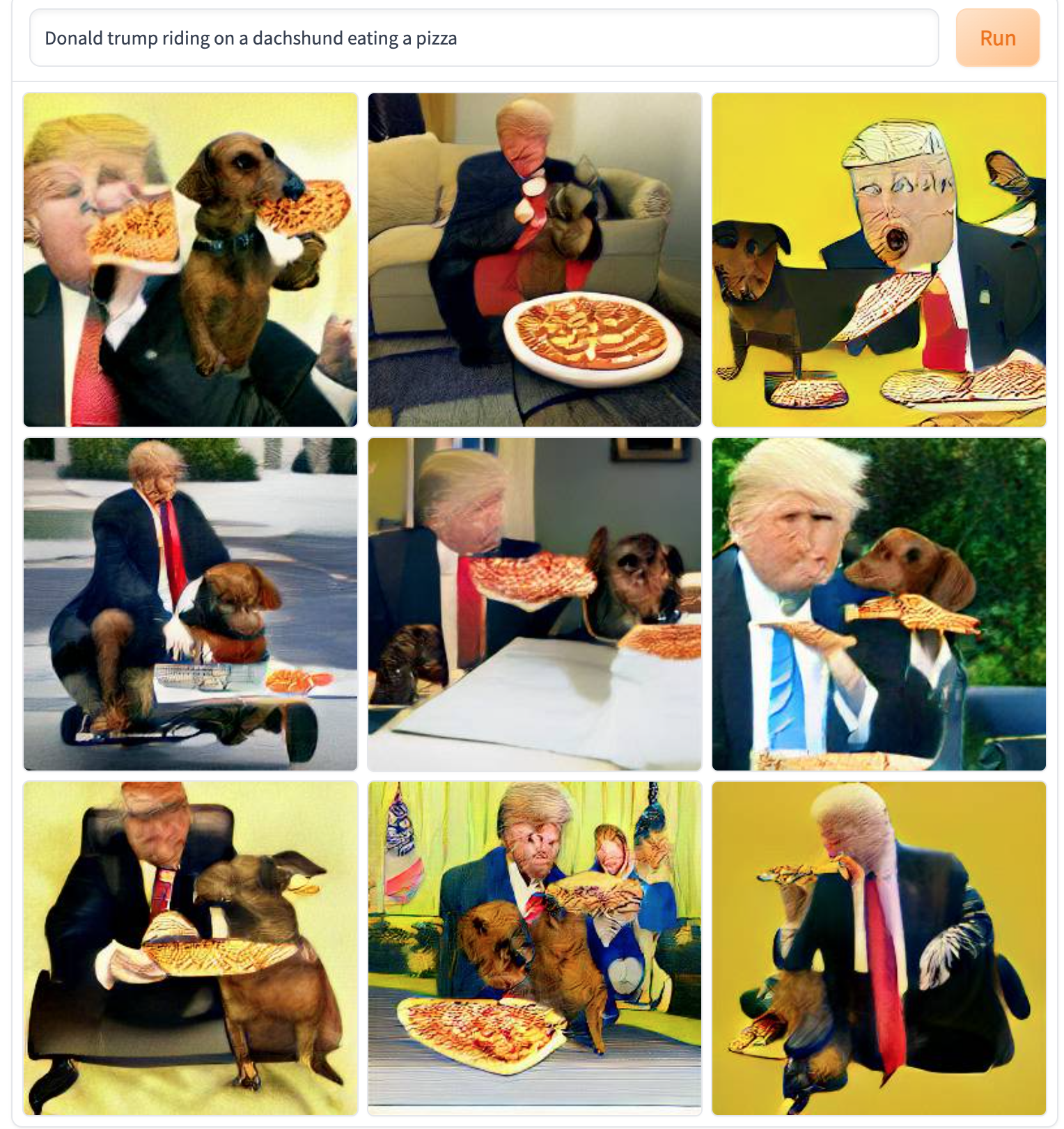 Donald Trump ridende på en gravhund mens han spiser en pizza.