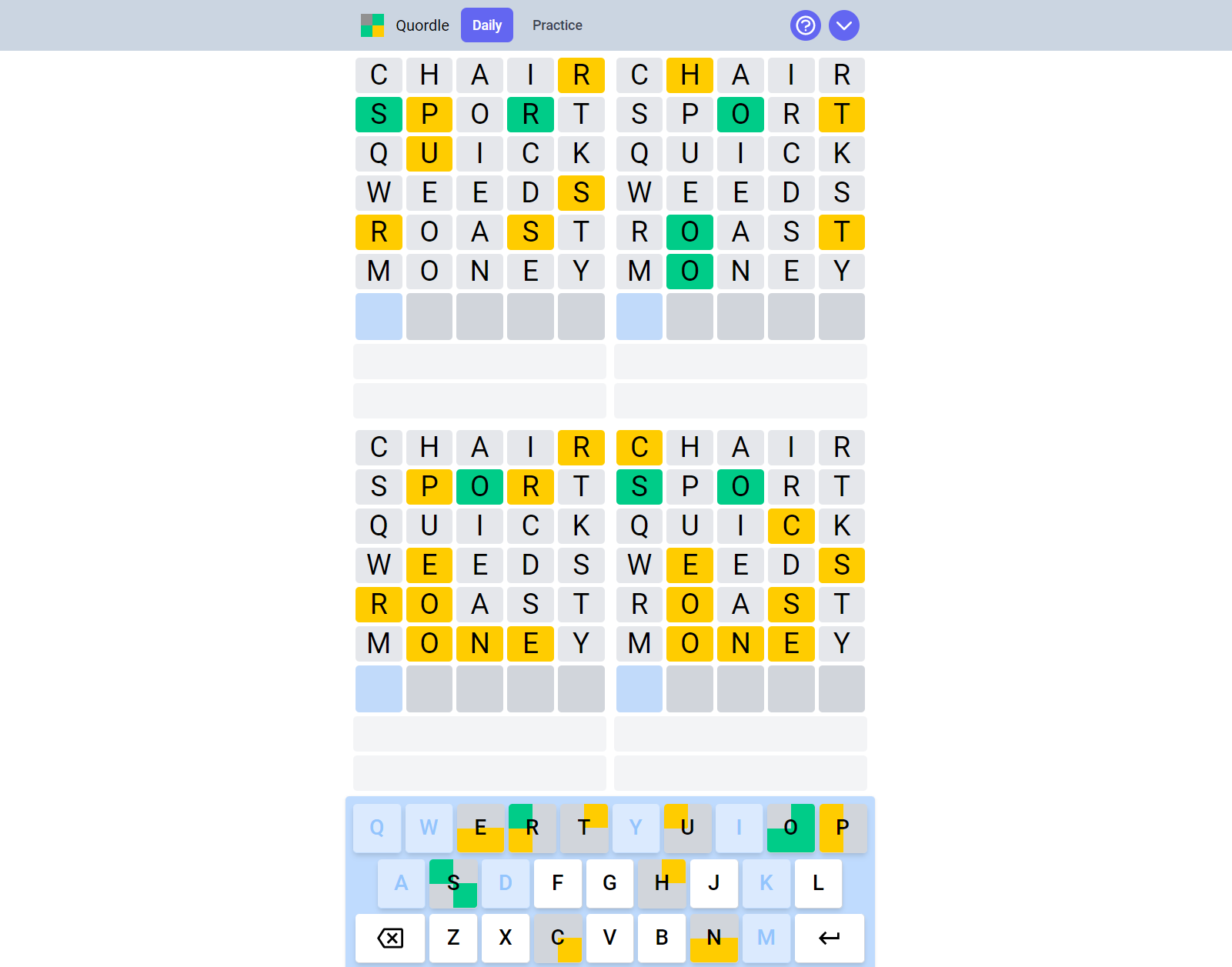 I Quordle ska du gissa fyra ord på en gång. Det är lite svårare än Wordle.