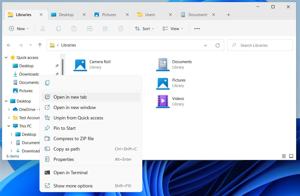 Du väljer själv om du vill öppna den på en ny flik eller i ett nytt fönster i nya Utforskaren i Windows 11