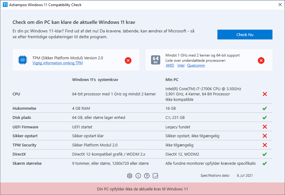 Ashampoo Windows 11 Compatibility Check giver dig klar besked om, hvorfor din pc måske ikke får lov at hente Windows 11.
