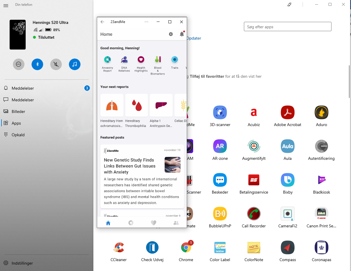 Funktionen Din telefon gör det möjligt att använda mobilens Android-appar på Windows-datorn