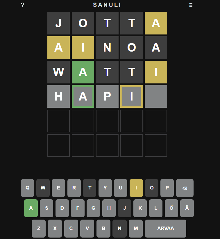 Wordlen kaltainen peli suomeksi. Suomeksi täysin vastaavanlainen peli on nimeltään Sanuli.