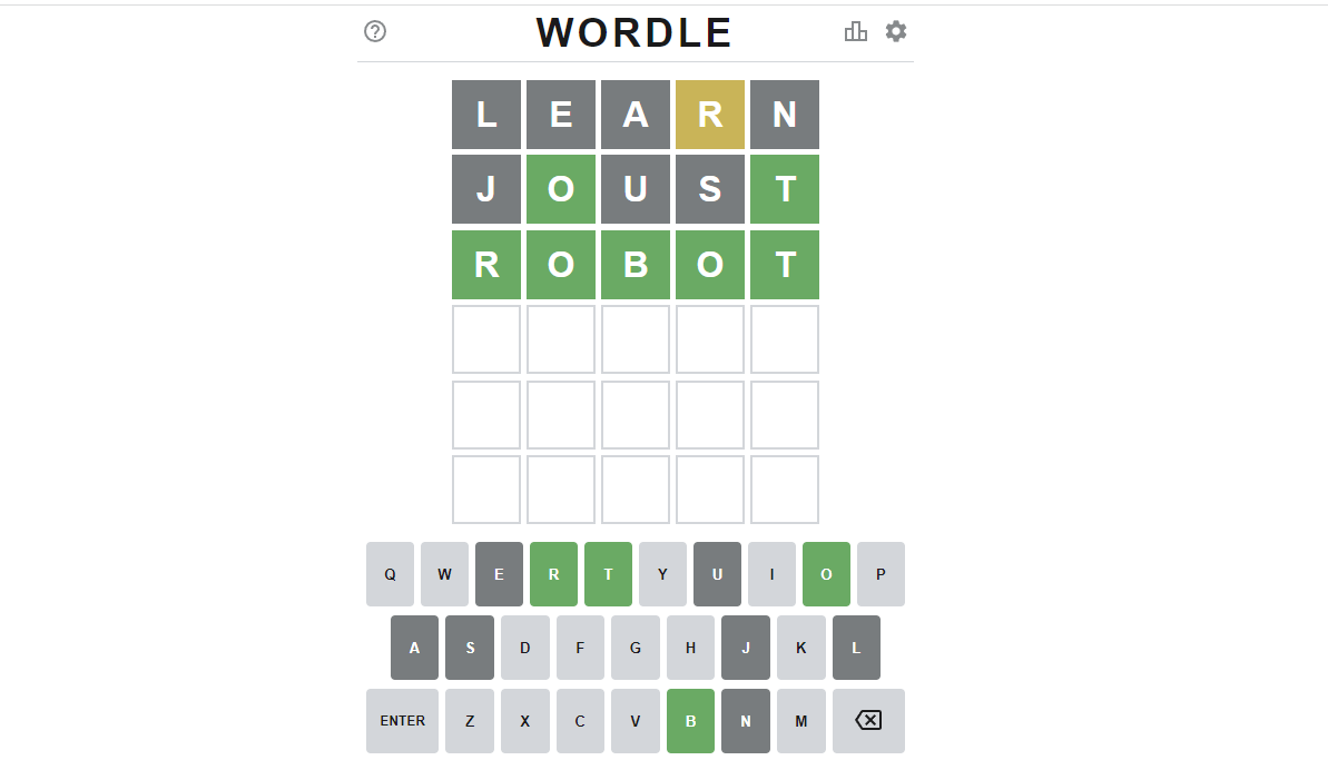 Et ord gættet på tre forsøg i spillet Wordle.
