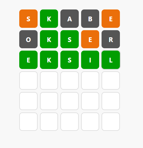 Et spil Wordle på dansk. I Danmark hedder Wordle Wørdle.