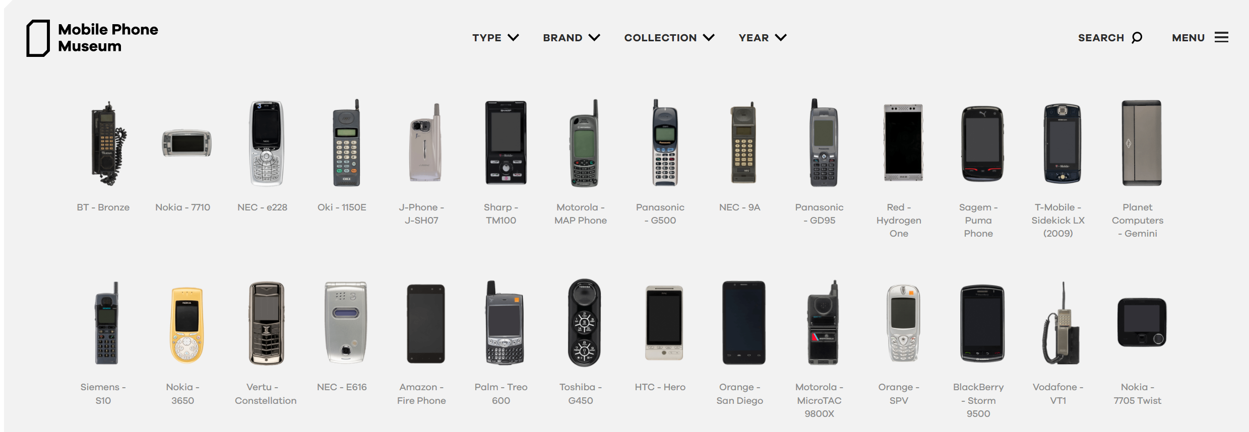 The Mobile Phone Museum har over 2100 mobiltelefoner på deres hjemmeside.