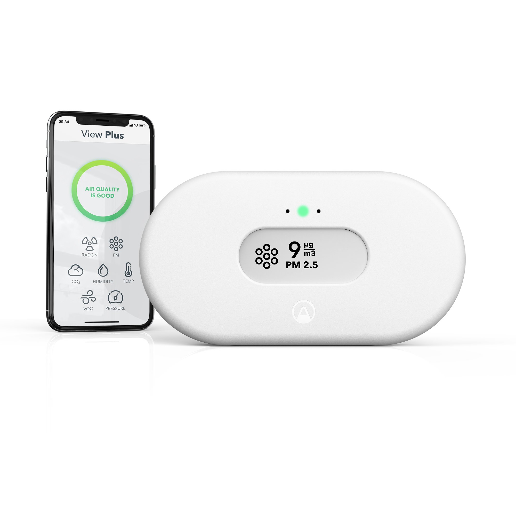 Airthings View Plus med smarttelefonapp.