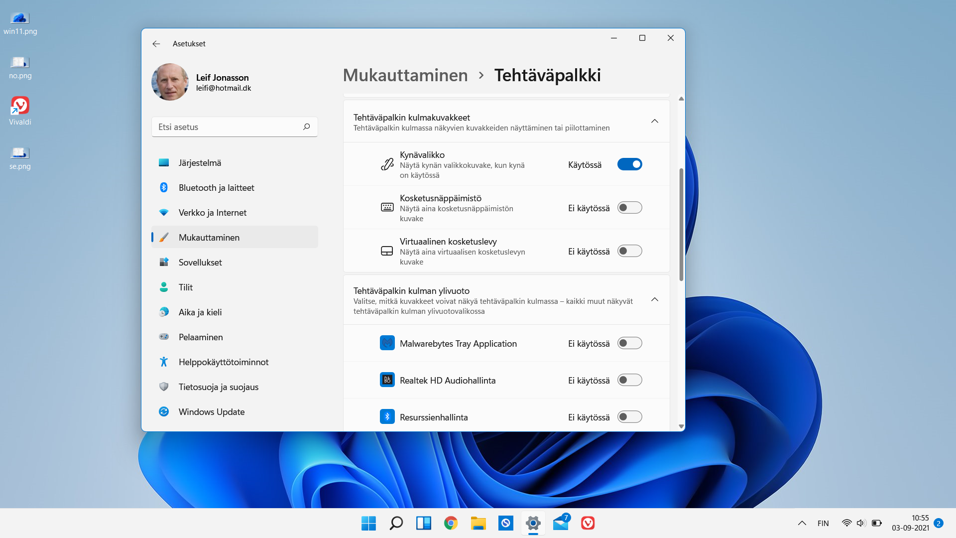 Windows 11:n mukauttaminen: