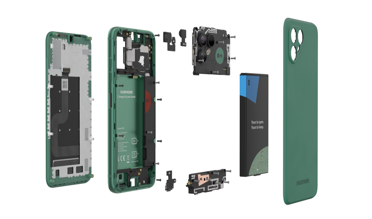 Fairphone 4 on purettu osiin.