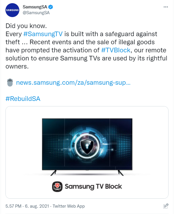 Samsung kirjoitti Twitterissä äskettäin TV Blockista.